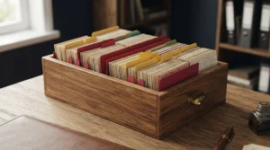 Karteikasten mit sortierten Registerkarten auf einem Schreibtisch