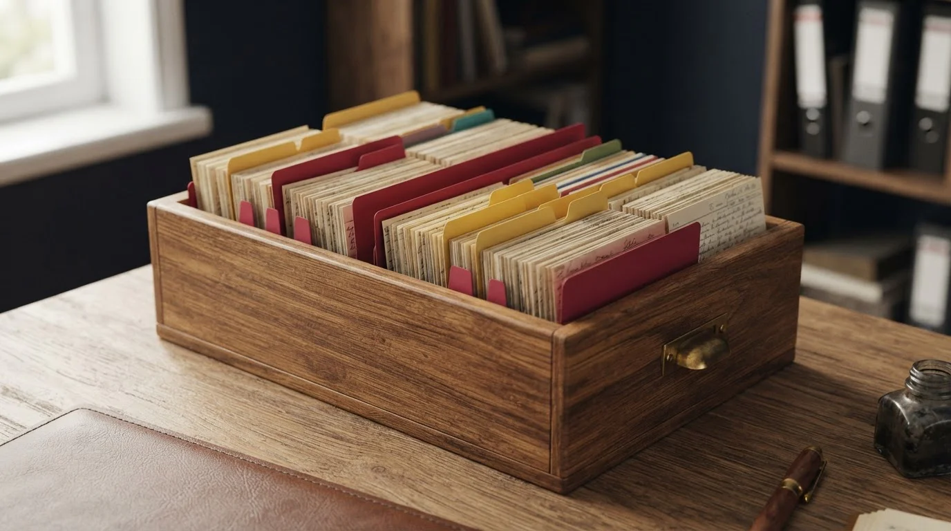 Karteikasten mit sortierten Registerkarten auf einem Schreibtisch