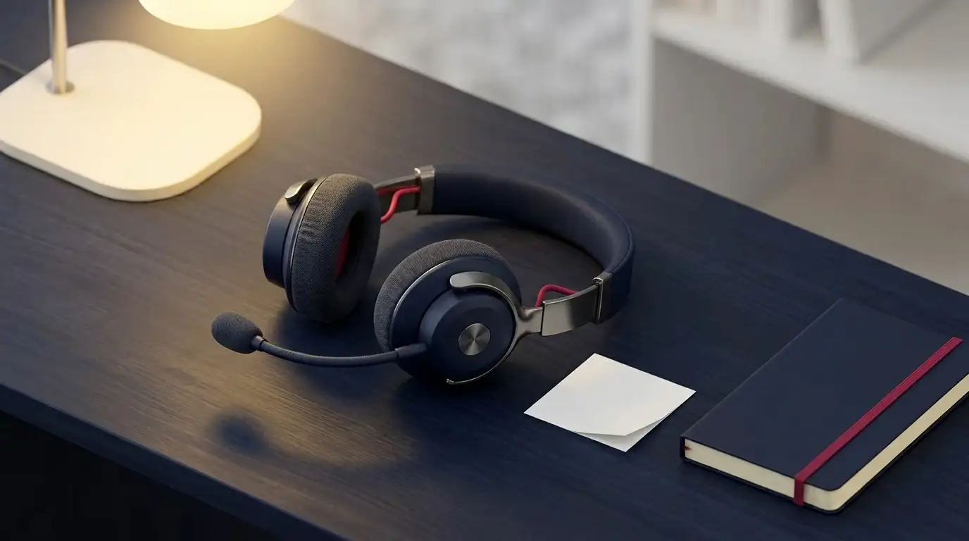 Headset mit Mikrofon neben einem Notizbuch auf dem Schreibtisch