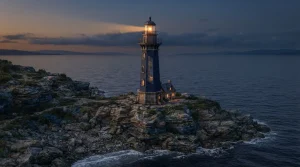 Leuchtturm an einer felsigen Küste in der Abenddämmerung