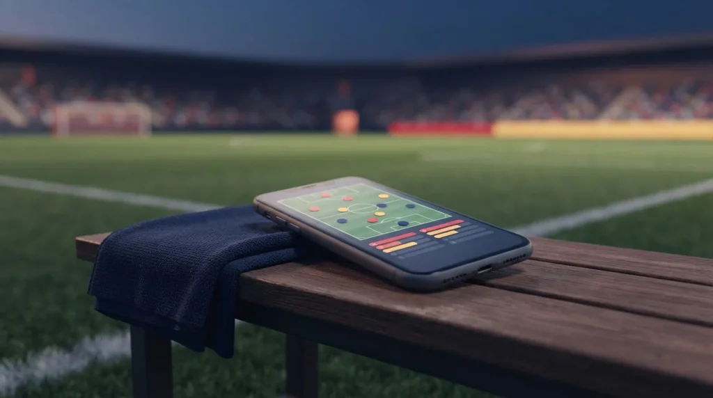 Smartphone mit grafischer Spielstandanzeige auf einer Bank am Spielfeldrand