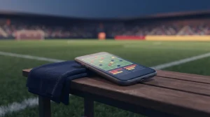 Smartphone mit grafischer Spielstandanzeige auf einer Bank am Spielfeldrand