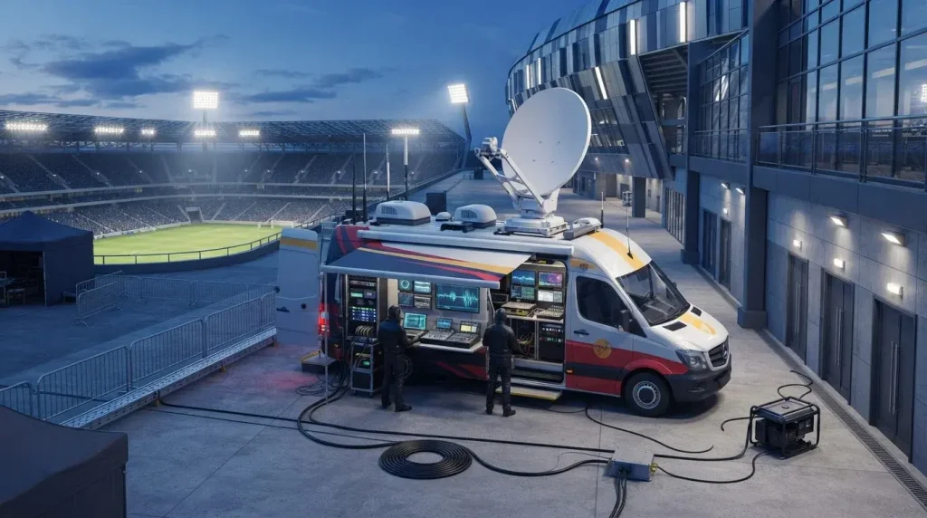 Übertragungswagen mit Satellitenschüssel vor einem Fußballstadion